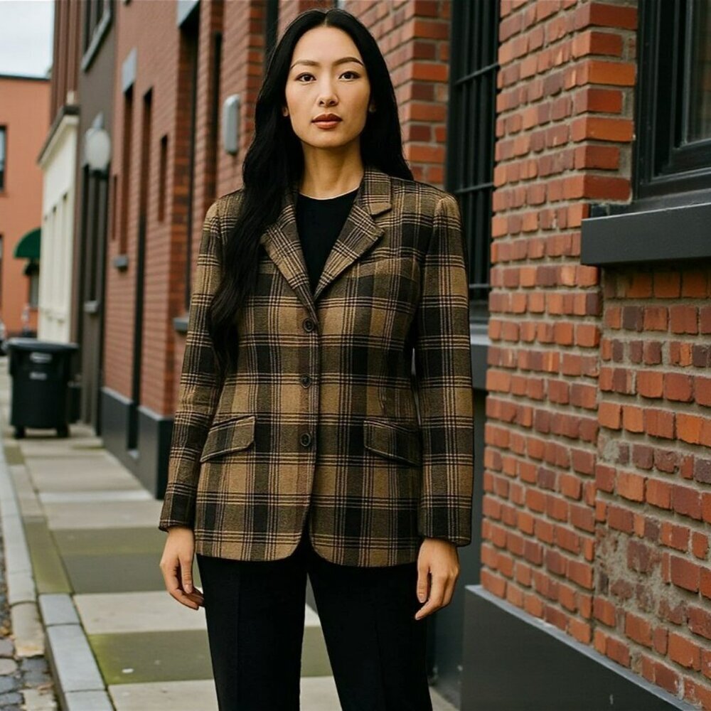 VTG White Stag Womens 1X Brown Plaid 3 Button Front Blazer Jacket Academia